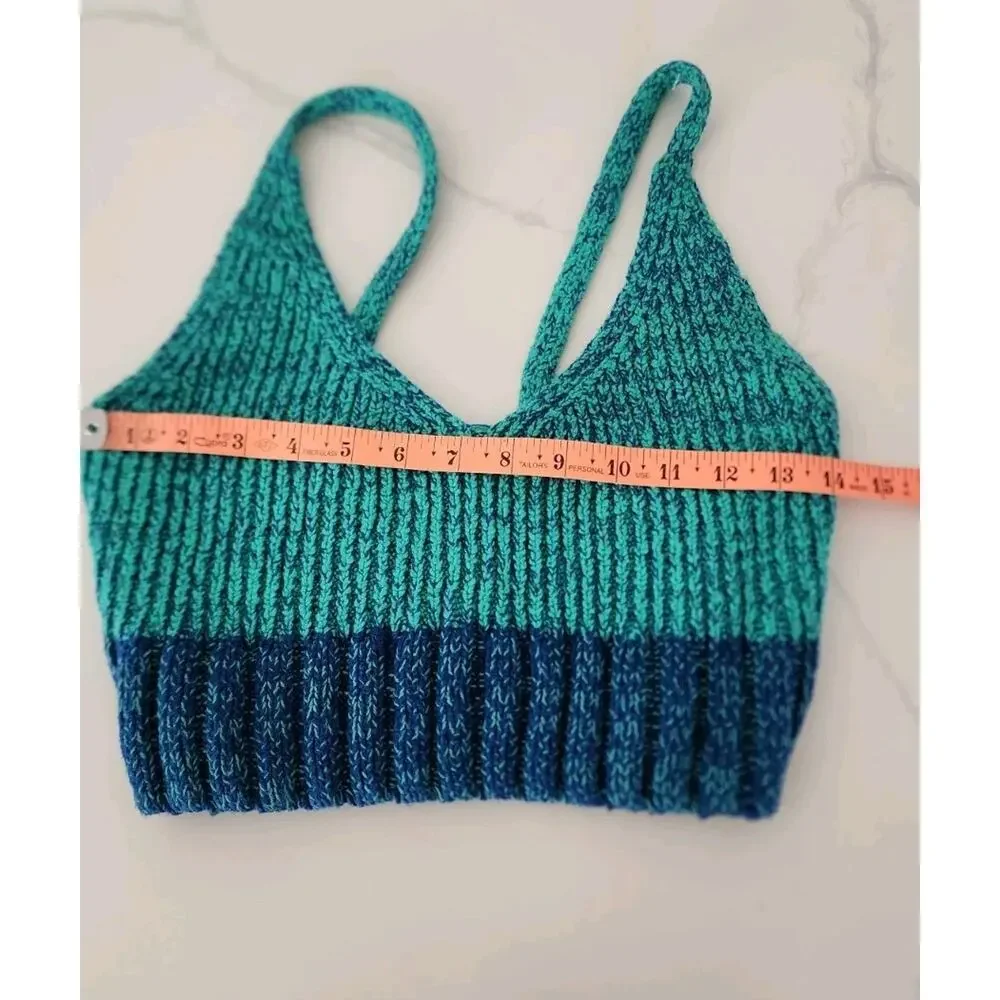 Free People Teal and Navy Ribbed Knit Crop Top
